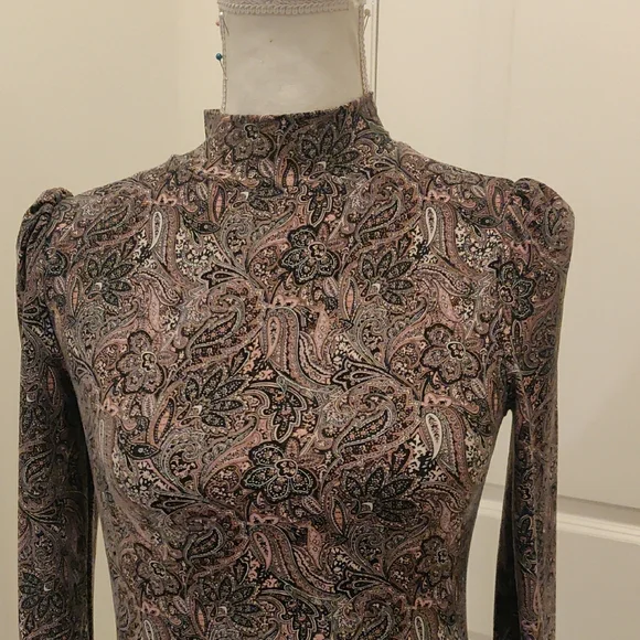 Paisley Pink/Black Soft Stretch Dress Elegant Floral Long Sleeve Dress XS - Picture 3 of 8